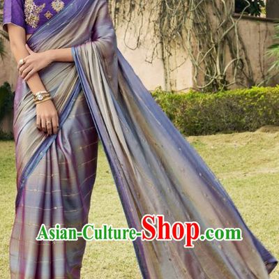 Asian India National Female Purple Chiffon Saree Dress Traditional Bollywood Dance Costumes Asia Indian Festival Blouse and Sari for Women