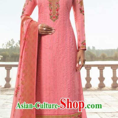 Asian India Traditional Costumes Asia Indian National Festival Punjab Suits Pink Silk Long Blouse Shawl and Loose Pants Complete Set