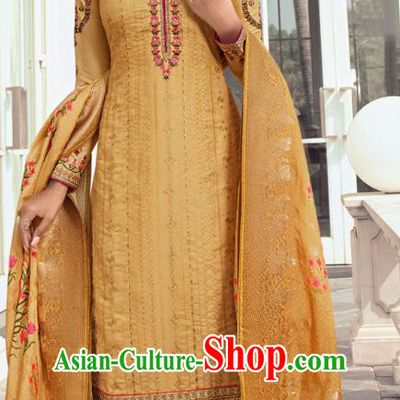 Asian India Traditional Costumes Asia Indian National Festival Punjab Suits Ginger Silk Long Blouse Shawl and Loose Pants Complete Set