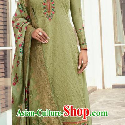 Asian India Traditional Costumes Asia Indian National Festival Punjab Suits Green Silk Long Blouse Shawl and Loose Pants Complete Set