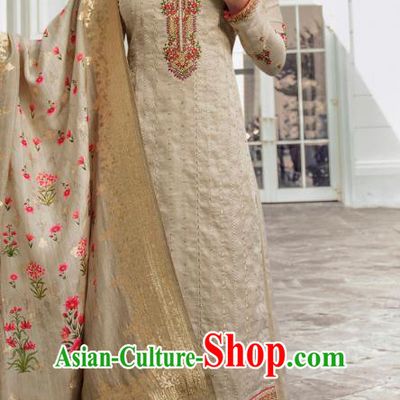 Asian India Traditional Costumes Asia Indian National Festival Punjab Suits Light Brown Silk Long Blouse Shawl and Loose Pants Complete Set
