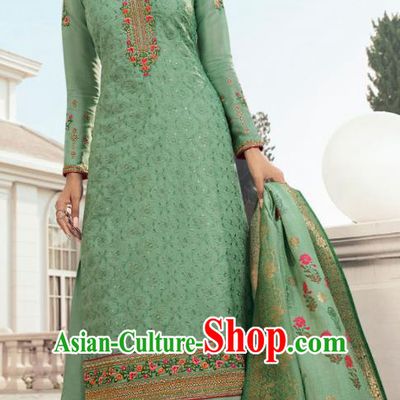 Asian India Traditional Costumes Asia Indian National Festival Punjab Suits Deep Green Silk Long Blouse Shawl and Loose Pants Complete Set