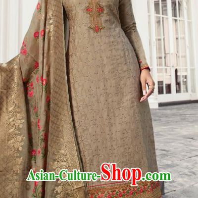 Asian India Traditional Costumes Asia Indian National Festival Punjab Suits Brown Silk Long Blouse Shawl and Loose Pants Complete Set