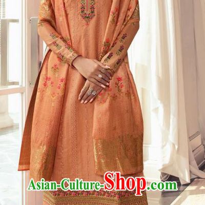 Asian India Traditional Costumes Asia Indian National Festival Punjab Suits Orange Silk Long Blouse Shawl and Loose Pants Complete Set