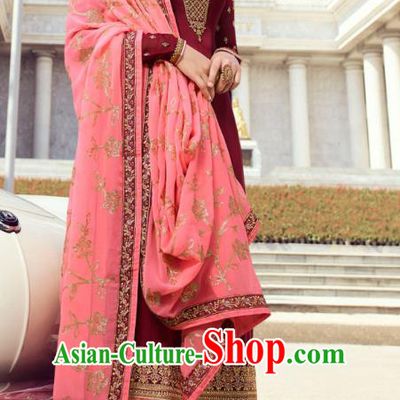 Asian India Traditional Informal Costumes Asia Indian National Punjab Suits Wine Red Satin Blouse Shawl and Loose Pants for Rich Woman