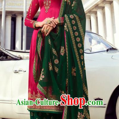 Asian India Traditional Informal Costumes Asia Indian National Punjab Suits Rosy Satin Blouse Shawl and Green Loose Pants for Rich Woman