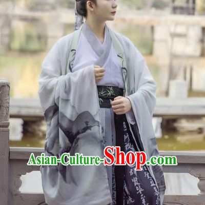 Traditional Chinese Jin Dynasty Swordsman Historical Costumes Ancient Scholar Hanfu Apparel Printing Chiffon Cloak and Dress for Men