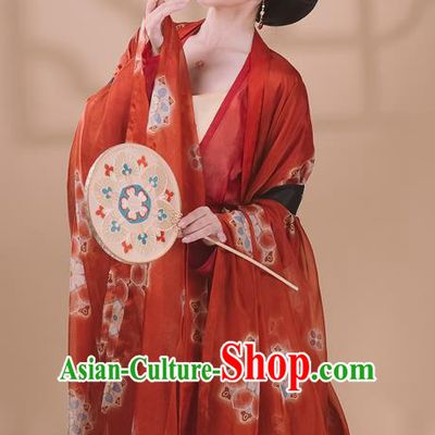 Traditional Chinese Tang Dynasty Noble Concubine Historical Costumes Ancient Court Woman Hanfu Garment Printing Red Chiffon Cloak Blouse Camisole and Skirt Full Set