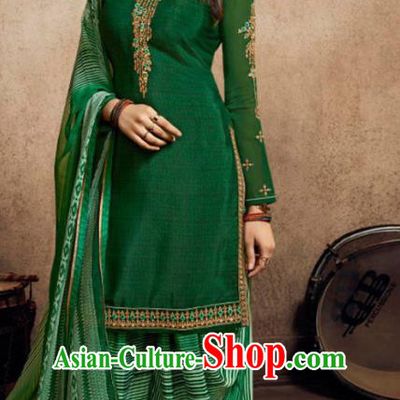 Asian India Traditional Civilian Woman Costumes Asia Indian National Punjab Suits Green Crepe Long Blouse Shawl and Loose Pants Full Set