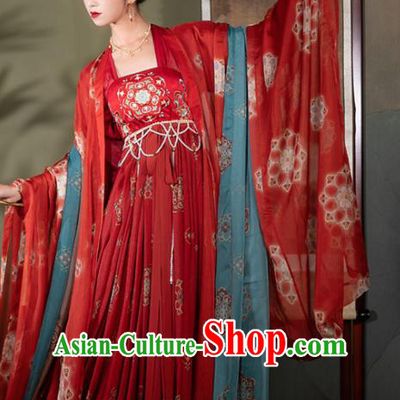 Traditional Chinese Tang Dynasty Palace Woman Historical Costumes Ancient Imperial Concubine Hanfu Garment Red Chiffon Cloak Blouse and Strapless Dress Full Set