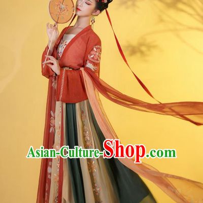Traditional Chinese Tang Dynasty Princess Historical Costumes Ancient Noble Lady Hanfu Garment Embroidered Blouse Camisole and Skirt Full Set