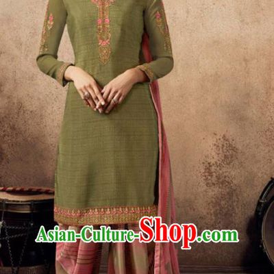 Asian India Traditional Civilian Woman Costumes Asia Indian National Punjab Suits Olive Green Crepe Long Blouse Shawl and Loose Pants Full Set