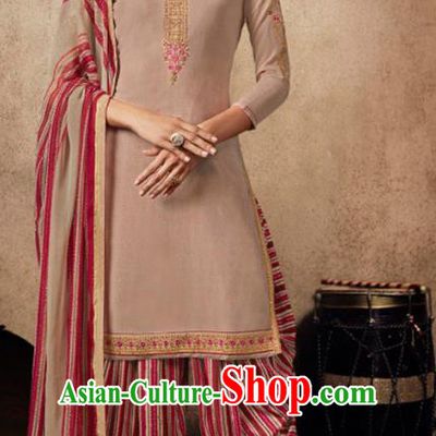 Asian India Traditional Civilian Woman Costumes Asia Indian National Punjab Suits Light Brown Crepe Long Blouse Shawl and Loose Pants Full Set