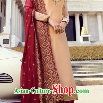 Asian India Traditional Informal Costumes Asia Indian National Punjab Suits Orange Satin Blouse Shawl and Maroon Loose Pants for Rich Woman