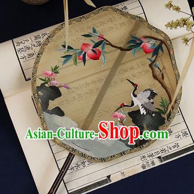 China Handmade Hanfu Fan Embroidered Crane Peach Palace Fan Traditional Yellow Silk Fan