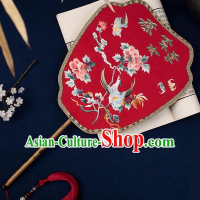 China Traditional Wedding Red Silk Fan Handmade Bride Hanfu Fan Embroidered Phoenix Peony Palace Fan