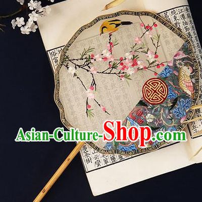 China Embroidered Plum Birds Palace Fan Handmade Bride Hanfu Fan Traditional Silk Fan