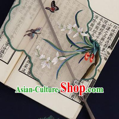 China Traditional Wedding White Silk Fan Embroidered Orchids Palace Fan Handmade Bride Ebony Hanfu Fan