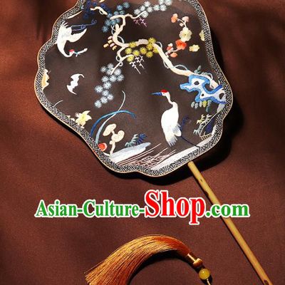 China Handmade Suzhou Embroidered Pine Cranes Palace Fan Double Side Hanfu Fan Traditional Bride Black Silk Fan