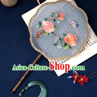 China Embroidered Peony Palace Fan Handmade Hanfu Fan Traditional Blue Silk Fan