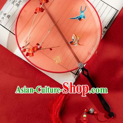 China Traditional Circular Fan Bride Red Silk Fan Double Side Hanfu Fan Handmade Suzhou Embroidered Plum Swallow Palace Fan