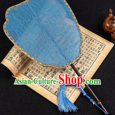 China Handmade Palace Fan Traditional Ancient Princess Jacquard Blue Silk Fan Classical Hanfu Fan