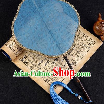 China Classical Hanfu Fan Traditional Ancient Princess Jacquard Blue Silk Fan Handmade Palace Fan