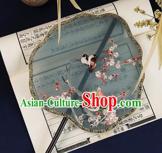 China Handmade Ebony Hanfu Fan Traditional Blue Silk Fan Embroidered Plum Birds Palace Fan China Handmade Ebony Hanfu Fan Traditional Blue Silk Fan Embroidered Plum Birds Palace Fan