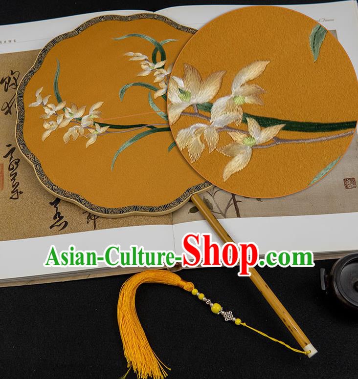 China Classical Yellow Silk Hanfu Fan Handmade Wedding Palace Fan Traditional Embroidered Orchids Fan China Classical Yellow Silk Hanfu Fan Handmade Wedding Palace Fan Traditional Embroidered Orchids Fan