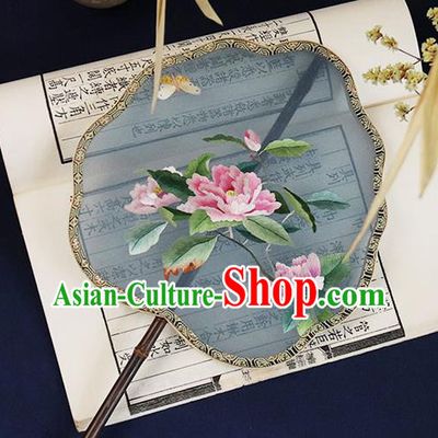 China Embroidered Peony Palace Fan Handmade Ebony Hanfu Fan Traditional Blue Silk Fan