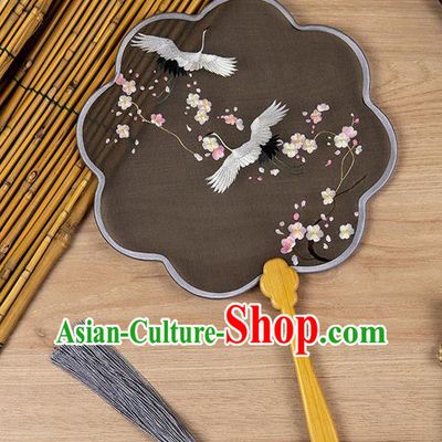 China Classical Hanfu Black Silk Fan Ancient Princess Palace Fan Handmade Traditional Embroidered Crane Plum Fan