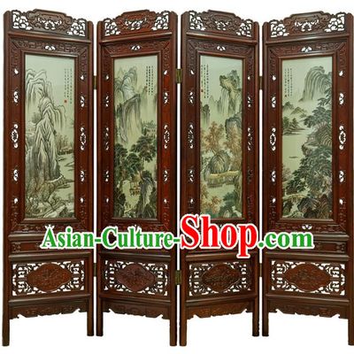Handmade China Carving Rosewood Folding Screen Embroidered Furniture Ornaments