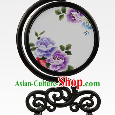 Handmade China Embroidered Peony Screen Suzhou Embroidery Craft Sandalwood Table Ornament