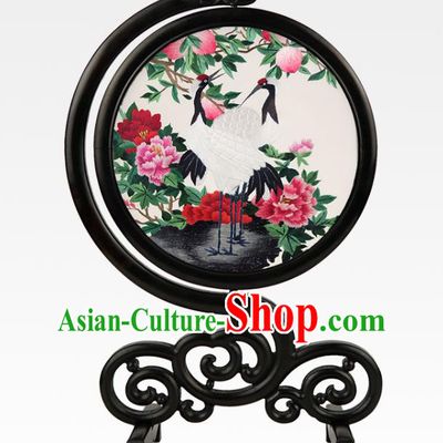China Embroidered Crane Peony Silk Desk Screen Handmade Sandalwood Table Ornament Suzhou Embroidery Craft