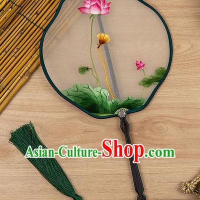 China Traditional Embroidered Lotus Fan Handmade Palace Fan Silk Fan Classical Hanfu Accessories