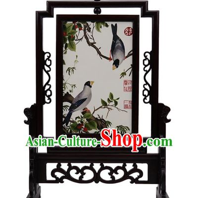 Handmade China Suzhou Embroidery Craft Embroidered Double Side Desk Screen Rosewood Table Ornament