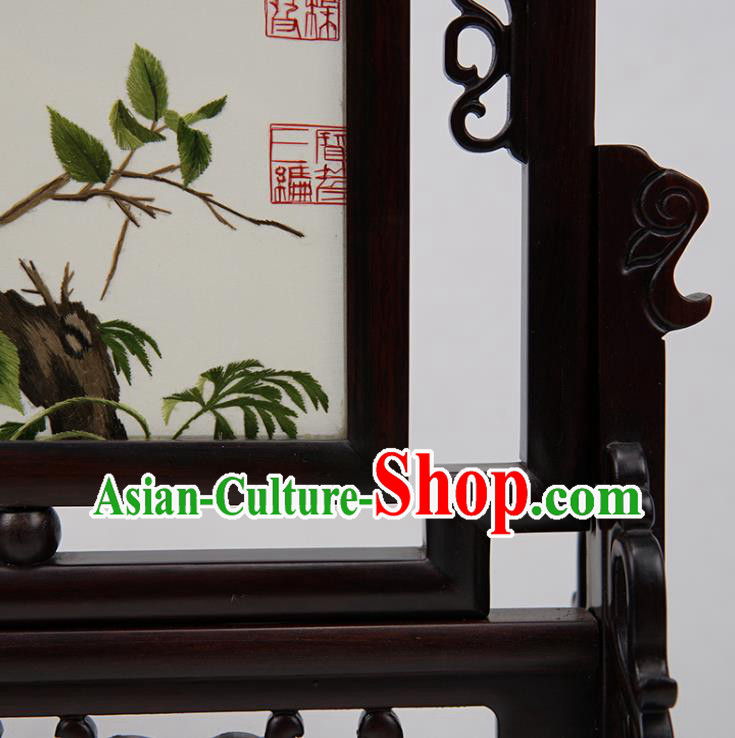 Handmade China Suzhou Embroidery Craft Embroidered Double Side Desk Screen Rosewood Table Ornament Handmade China Suzhou Embroidery Craft Embroidered Double Side Desk Screen Rosewood Table Ornament