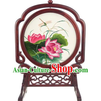 China Embroidered Lotus Desk Screen Handmade Rosewood Table Ornament Suzhou Double Side Embroidery Silk Craft