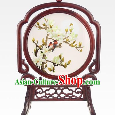 China Embroidered Mangnolia Rosewood Desk Screen Handmade Double Side Suzhou Embroidery Silk Craft
