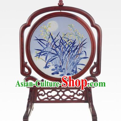 China Handmade Rosewood Table Ornament Embroidered Orchids Desk Screen