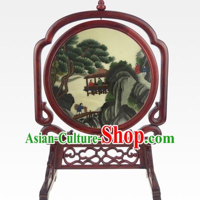 China Handmade Rosewood Table Ornament Traditional Embroidered Desk Screen