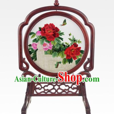 China Traditional Embroidered Peony Desk Screen Handmade Rosewood Table Ornament Craft