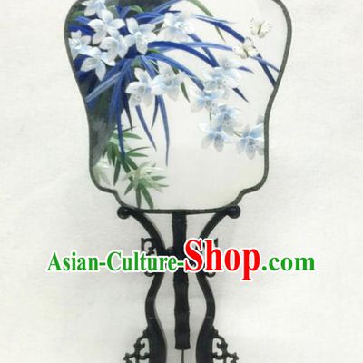 China Traditional Palace Fan Classical Dance Hanfu Fan Handmade Suzhou Embroidered Orchids Silk Fan