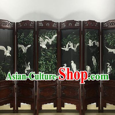 China Suzhou Embroidered Craft Handmade Furniture Ornament Traditional Embroidery Bamboo Cranes Rosewood Folding Screen