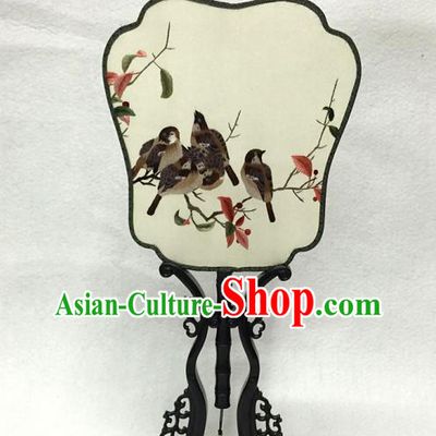 China Traditional Classical Dance Palace Fan Handmade Suzhou Embroidered Birds Silk Fan
