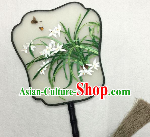 China Traditional Palace Fan Classical Dance Silk Fan Handmade Suzhou Embroidered Orchids Silk Fan China Traditional Palace Fan Classical Dance Silk Fan Handmade Suzhou Embroidered Orchids Silk Fan