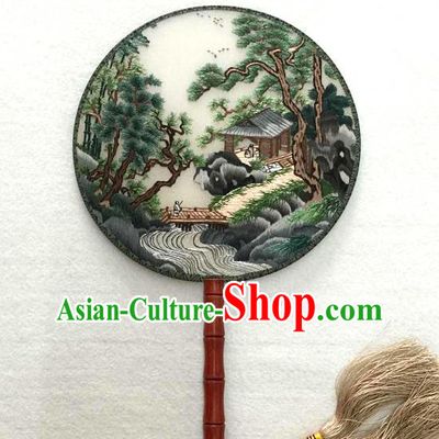China Classical Dance Circular Silk Fan Traditional Suzhou Embroidered Landscape Fan Handmade Double Sides Palace Fan