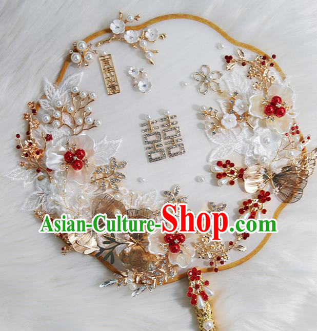 China Classical Wedding Circular Fan Traditional Handmade Shell Flowers Palace Fan China Classical Wedding Circular Fan Traditional Handmade Shell Flowers Palace Fan