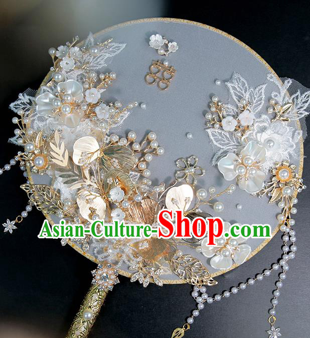China Traditional Handmade Shell Flowers Palace Fan Classical Wedding Circular Fan China Traditional Handmade Shell Flowers Palace Fan Classical Wedding Circular Fan