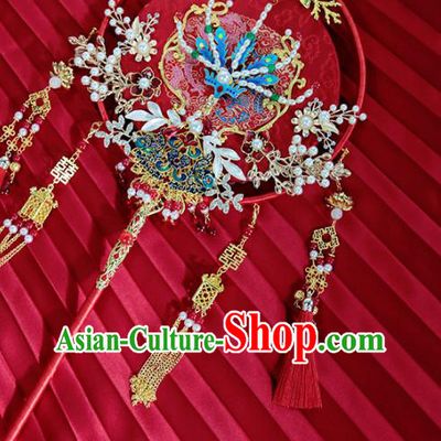 China Traditional Handmade Blueing Phoenix Palace Fan Classical Wedding Red Tassel Circular Fan